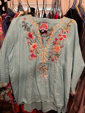 Johnny Was Light Blue Embroidered Boho Tunic